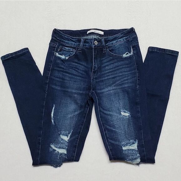 KANCAN Dark Wash Distressed Mid Rise Skinny Stretch Jeans 26 - Picture 2 of 11